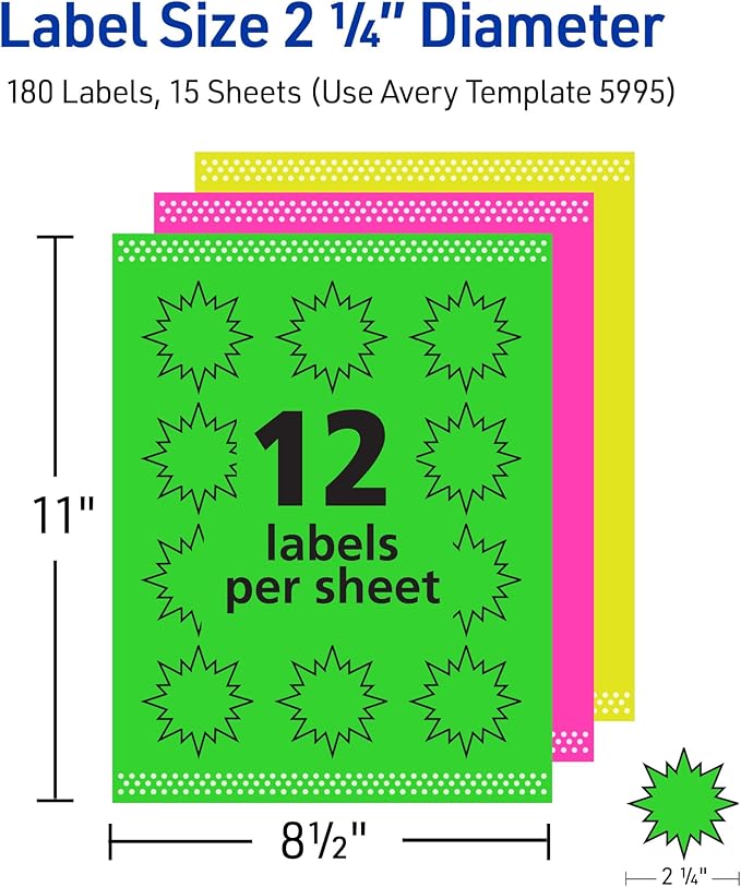 Avery Printable Burst ID Labels with Sure Feed, 2-1/4" Diameter, Assorted Neon Colors (Magenta, Green, and Yellow), Laser & Inkjet Compatible, 180 Blank Labels Total (5995)