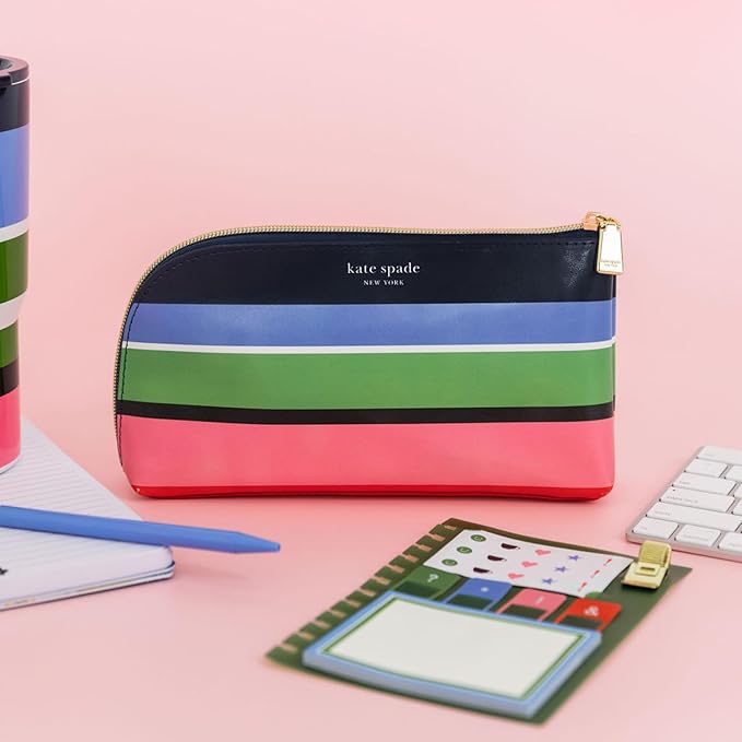 Kate Spade New York Zipper Pouch Filled with Planner Stickers and Accessories, Set Includes Notepad, Sticker Tabs, Black Ink Pen and Holder, Vegan Leather Accessory Bag, Sunny Day Stripe