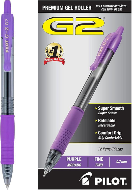Pilot G2 Premium Gel Roller Pens, Fine Point 0.7 mm, Purple Ink Pens Fine Point, Pack of 12 - Ideal for School, Journaling, and Office Writing
