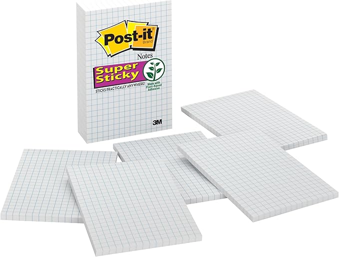 Post-it Super Sticky Notes, 4x6 in, 3 Pads, 2X The Sticking Power, White with Blue Grid Lines, Recyclable (660-SSGRID) (Pack of 12)