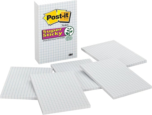 Post-it Super Sticky Notes, 4x6 in, 3 Pads, 2X The Sticking Power, White with Blue Grid Lines, Recyclable (660-SSGRID) (Pack of 12)