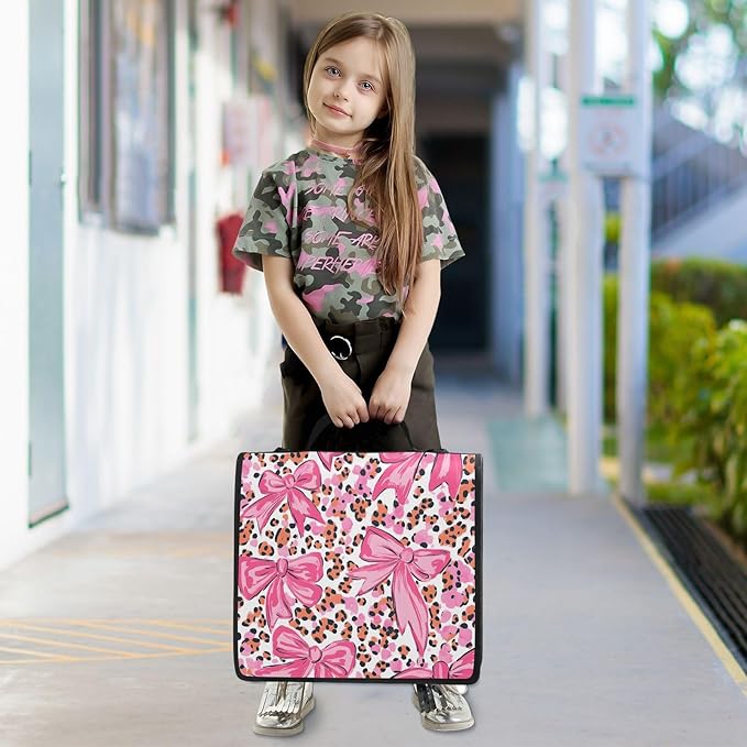 3 Ring Zipper Binder with Shoulder Strap Pink Bow Leopard Print 1.5 inch Binders Keeper Large Capacity Multi Pockets for School Office Supplies
