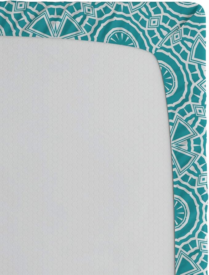 Ambesonne Boho 2 Pack Fitted Sheet, Modern Mandala Effect Pattern, Bed Cover All-Round Elastic Deep Pockets 2 Pieces, Package Contains 2 Queen Size Fitted Sheets, Dark Seafoam and White