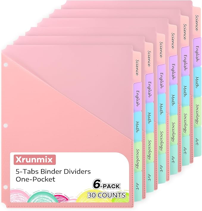 5 Tabs Dividers with One Pockets for 3 Ring Binder, 5 Counts Binder Dividers for US Letter Size, Binder Dividers with Tabs for School Office and Home Organization, 5 Pastel Color (6)