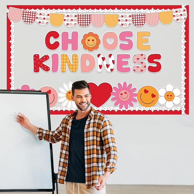 Valentine's Day Kindness Classroom Bulletin Board Decoration Set Heart Smile Face Cutouts with Borders for Valentine's Day Nursery Chalkboard Wall Decor