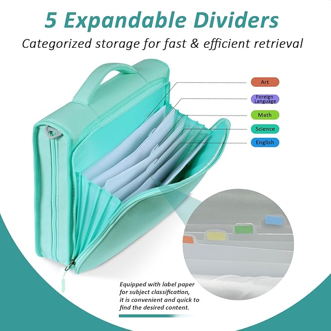 2 Inch 3 Ring Zipper Binder with Multi-Pocket, 6-Tab Expandable File Folder, Fits 14” Laptop, Zipper Bag Fits 500 Sheet Capacity with Handle & Shoulder Strap(Green)