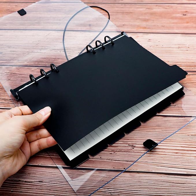 2 Set A5 Binder Dividers Black Plastic Index Divider Blank Side 7 Tabs Top 5 Tabs Planner Insets 12 Sheets Refillable Page Protectors for 6 Ring Binder Notebook