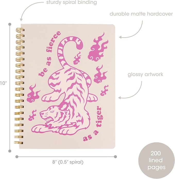 Pearhead Spiral Hardcover Notebook 8x10 – Pink Tiger College-Ruled Writing Journal with 200 Lined Pages, Perforated Paper for School, Notes & Creative Writing