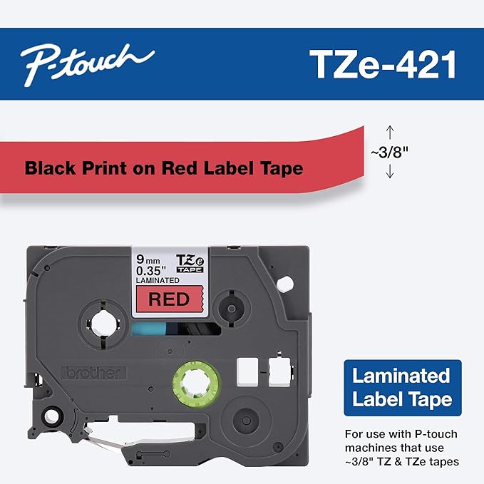 Brother Tape, Black on Red, 9mm (TZE-421), 3/8, TZe421 (Pack of 2)