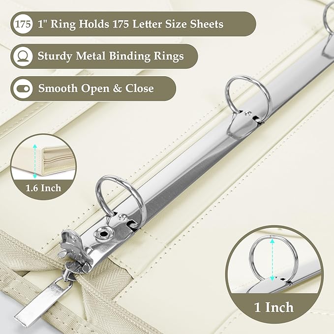 EYROZILL Zippered Leather 3 Ring Binder Organizer with Pockets – Business Portfolio Folder with Card Slots, Phone Holder, Pen Loop (Beige)