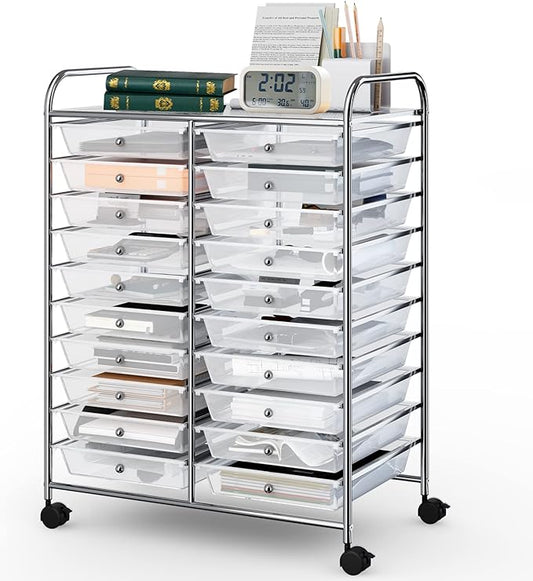 COSTWAY 20 Drawers Rolling Storage Cart, Multipurpose Movable Organizer Cart for Tools, Scrapbook, Paper, Craft, Utility Storage Trolley on Wheels for Home Office School (Clear)