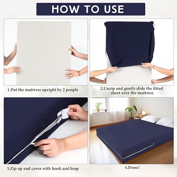 Zippered Mattress Fitted Protector Deep Mattress Encasement Soft Zipper Fitted Sheet Microfiber Bed Sheet Cover for Bed (Navy Blue,Queen,12-16in)
