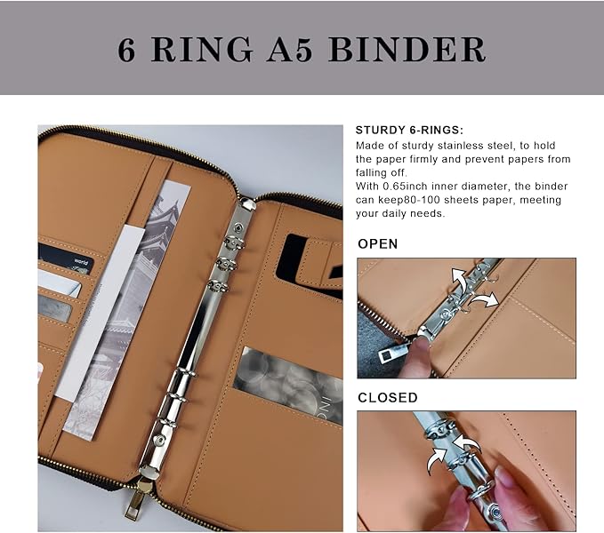 A5 Binder Case PU Leather Portfolio Budget Binder Refillable Notebook Planner Cover with Zipper 6 Rings Money Document Organizer for Business Interview (Green)