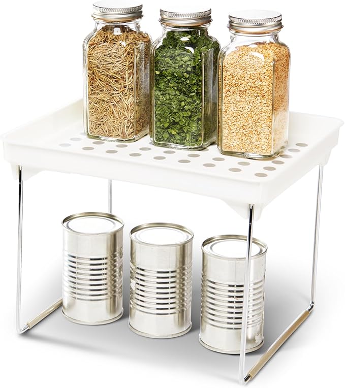 madesmart Small Stacking Shelf, Organizer for Spices, Make-Up, Bottles & Jars, Collapsible Legs for Cabinet or Counter Storage, White
