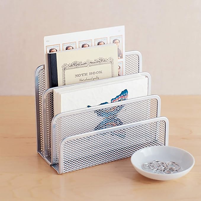 VANRA 2 Small Letter Sorters Desktop File Holder Organizer Metal Mesh with 3 Vertical Upright Compartments (2 Silver)