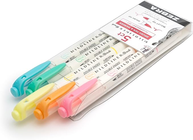 Zebra Pen, Mildliner Dual-Ended Brush Pens, 5 Assorted Colors, Brush and Fine Tips, Soft Mild Ink with No Bleed-Through, Water-Resistant Ink for Journaling, Calligraphy, Planners, 5-Pack (79105)