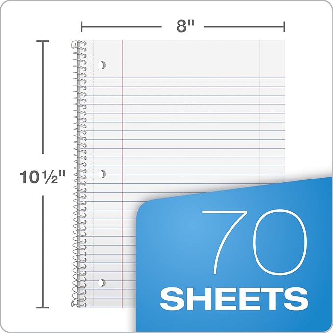 Oxford Spiral Notebooks, 6 Count, 1 Subject, Wide Ruled Notebooks for School, 8 x 10.5 Inches, 70 Sheets, Assorted Pastel Colors, Back to School Supplies (63757) (Pack of 8)