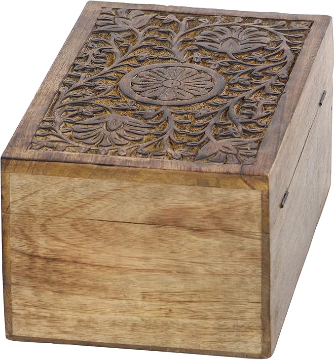 Deco 79 Mango Wood Floral Handmade Decorative Box Decorative Keepsake Boxes with Hinged Lid, Set of 3 Storage Boxes 8", 10", 12"W, Brown