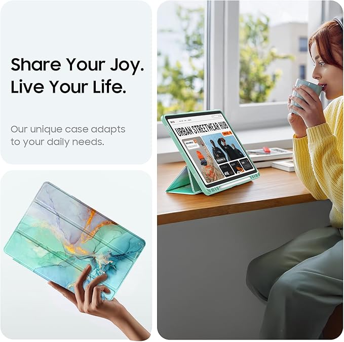 Fintie Hybrid Slim Case for Samsung Galaxy Tab S10 Lite/ S10 FE/ S9 FE 10.9 Inch/Tab S9 11 Inch with S Pen Holder, Shockproof Cover with Clear Transparent Back Shell, Auto Wake/Sleep, Emerald Marble