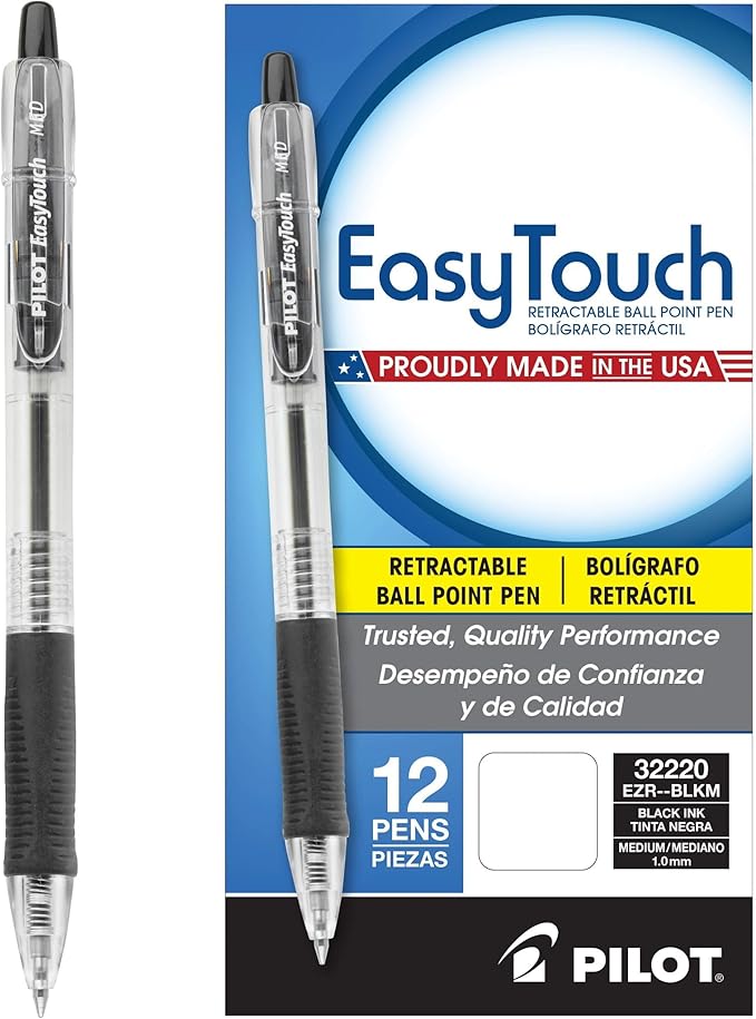 PILOT EasyTouch Refillable & Retractable Ballpoint Pens, Medium Point, Black Ink, 12-Pack (32220)