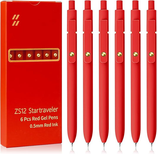 Red Pens, 6 Pcs Red Ink Pens Fine Point Smooth Writing Pens, 0.5mm Colored Ink Gel Pens for Journaling Note Taking, School Supplies Gifts for Women (6 Pcs Gold Red - Red Ink)