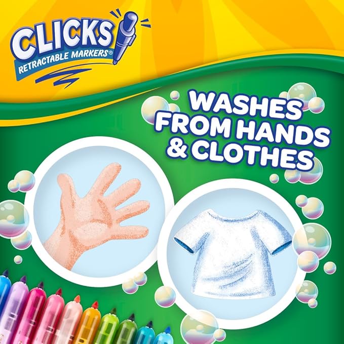 Crayola Clicks Retractable Tip Markers (10ct), Stocking Stuffers for Kids & Toddlers, Cone Tip Washable Art Marker Set, Coloring Book Supplies, No Dry, 3+ (Pack of 2)