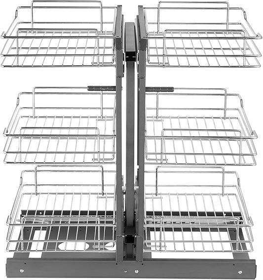 VEVOR 3 Tier 6 Shelf Chrome Carbon Steel Kitchen Cabinet Organizer, Slide Out Storage, Space Saving, Silver, For 15" Width, Food, Jars, Cans, Cookware, Pans, Mugs