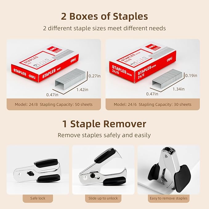 Deli Effortless Desktop Stapler, Heavy Duty Stapler, 40-50 Sheet Capacity, One Finger, No Effort, Includes Staples & Staple Remover, White