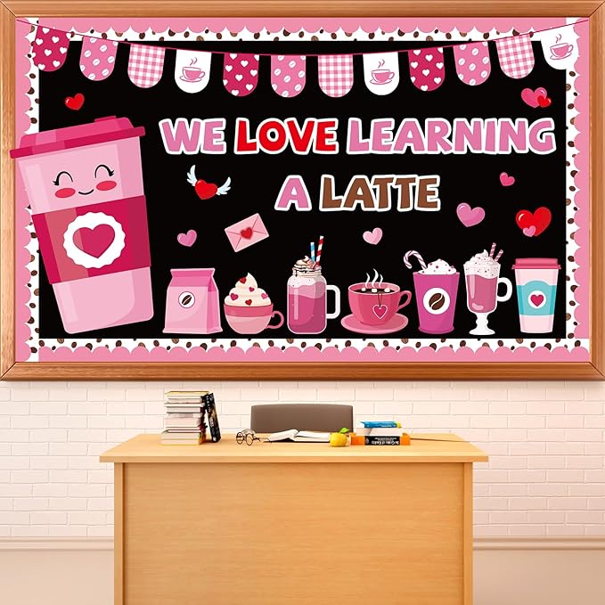 Valentine's Day Coffee Bulletin Board Set Valentines Coffee Cup Classroom Decorations Pink Red Heart Paper Cutouts Valentine's Day Bulletin Board for School Classroom Office Wall Door Decor Supplies
