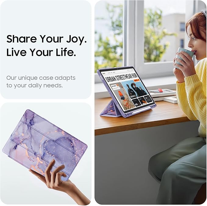 Fintie Hybrid Slim Case for Samsung Galaxy Tab S10 Lite/ S10 FE/ S9 FE 10.9 Inch/Tab S9 11 Inch with S Pen Holder, Shockproof Cover with Clear Transparent Back Shell, Auto Wake/Sleep, Lilac Marble
