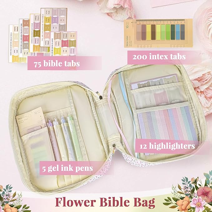 Bible Cover Case for Women,Bible Study Supplies Accessories,Bible Journaling Kit,Pink Flower Carrying Case with Highlighters