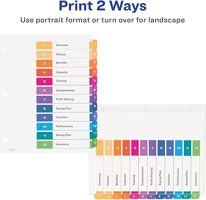 Avery Dividers for 3 Ring Binders, 12 Tabs per Set, Customizable Table of Contents, Multicolor Tabs, Great for Organizing Reports, Projects, and More (11141)