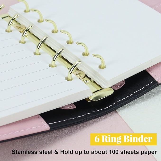 Koqye A7 Refillable Planner Small Binder Notebook 6 Ring, Portable PU Leather Organizer with Zippered Pocket, To-Do & Blank Refill Papers, Dividers, Monthly Sticker, Pen, for Students, Professionals, Travel (Black & Pink)