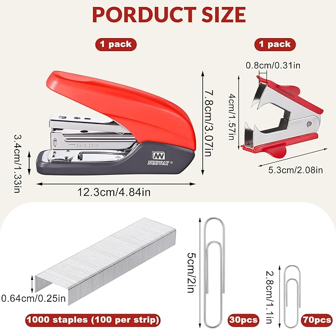 NEEWAY Effortless Stapler 25 Sheets Capacity, Jam Free, 4 in 1 Office Supplies Set with Staple Remover, 100pcs Paper Clips and 1000 Staples for Desk, Home (Red