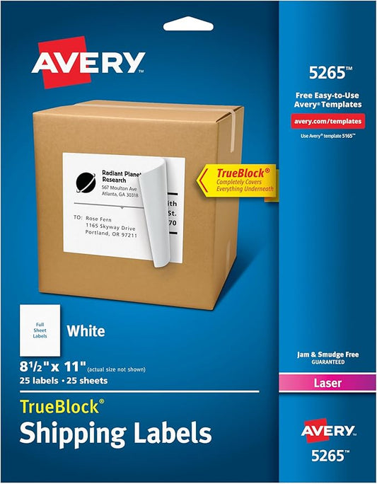 Avery Full-Sheet Printable Shipping Labels, 8.5" x 11" Customizable Stickers, White, 25 Blank Mailing Labels, Great for Mailing, Shipping, Organizing, and More (5265)