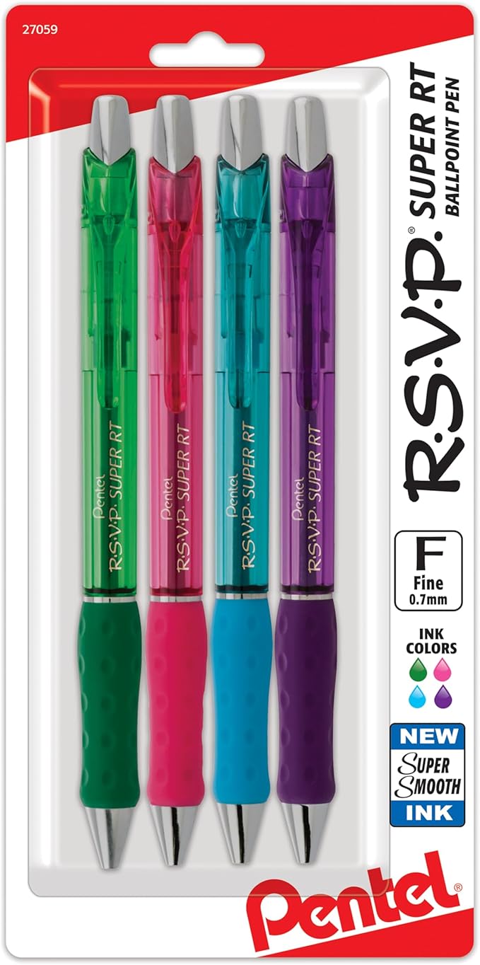 Pentel RSVP Super RT Ballpoint Pen, (0.7mm) Fine Line, Assorted Ink, Pack of 4 (BX477BP4M1)
