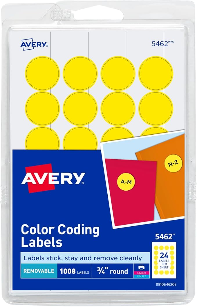 Avery Print/Write Self-Adhesive Removable Labels, 0.75 Inch Diameter, Yellow, 1,008 per Pack (5462)