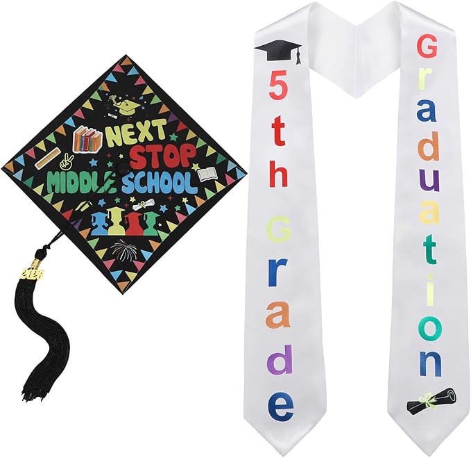 2 Pcs 5th 8th Grade Graduation Cap and Stole, Class of 2026 Graduation Sash Cap Stole Kindergarten Grad Gifts