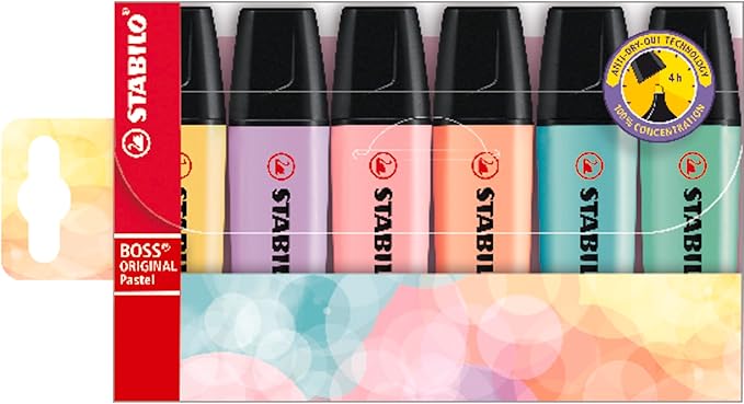 STABILO Highlighter BOSS ORIGINAL Pastel, Set of 6, Milky Yellow, Creamy Peach, Pink Blush, Lilac Haze, Hint of Mint, Turquoise
