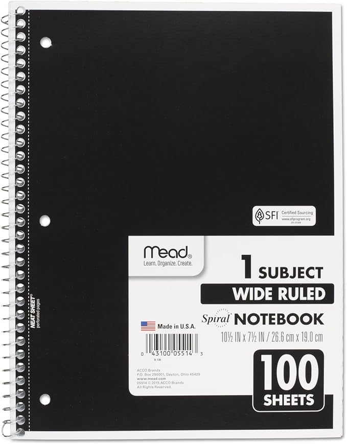 Mead Spiral Notebook, 1 Subject, Wide Ruled Paper, 100 Sheets, 10-1/2" x 8", Color Selected For You, 1 Count (05514)