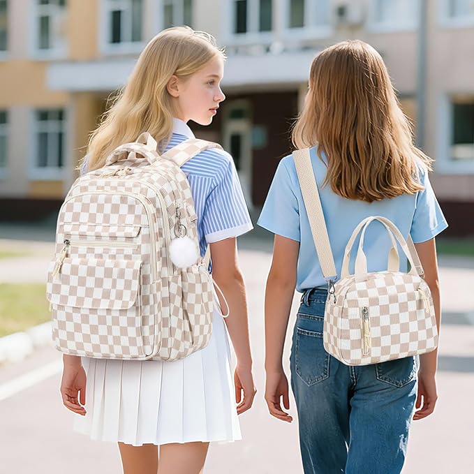 Bevalsa Backpack for Gilrs, 3PCS Corduroy Kids Backpack Set with Lunch Box & Pencil Pouch, Bookbag Daypack Laptop Bag for Women Teens Elementary Middle High School