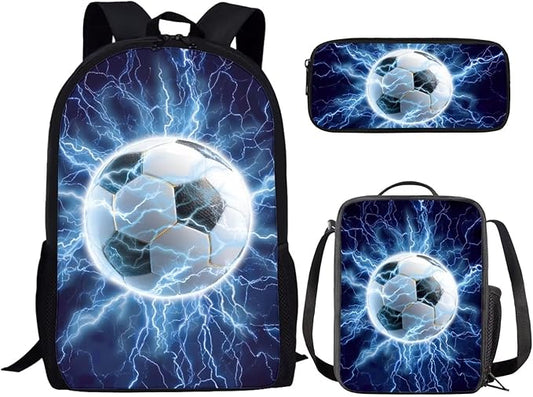 CLOHOMIN Lightning Football Backpack with Lunch Box Set of 3 Large Capacity Bookbag Boys Lunch Bag Pencil Holder for Kids Ages 12-14 Middle School Bag with Lunchbox for Boys, Blue