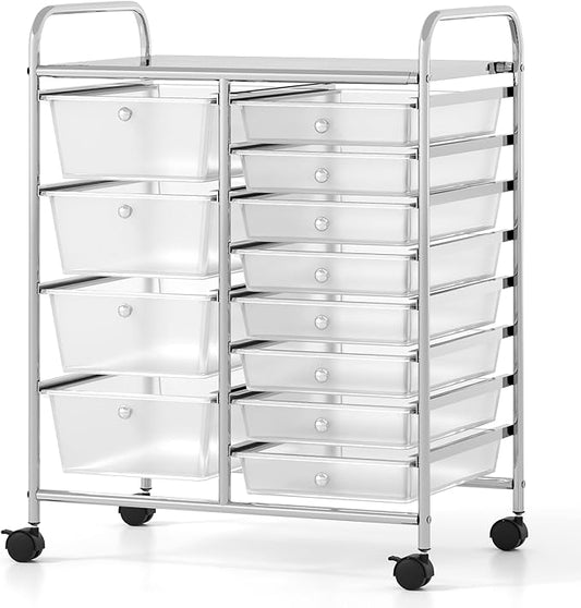 COSTWAY 12 Drawer Rolling Storage Cart, Mobile Utility Cart with Metal Frame, Art Supply Craft Organizer, Multipurpose Storage Organizer for Paper, Office, School Teacher, Classroom, Transparent