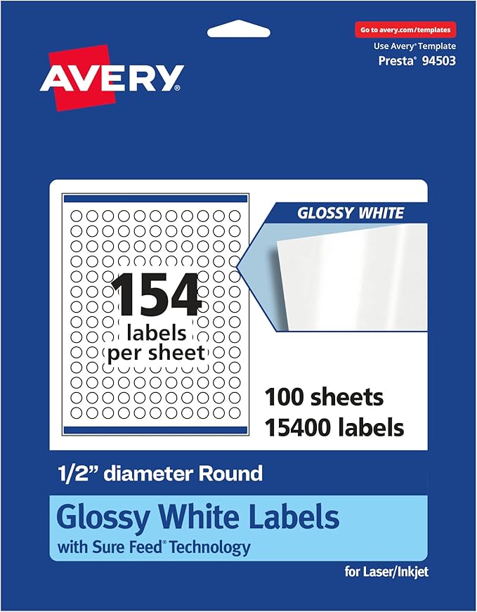 Avery Glossy White Round Labels, Sure Feed Technology, 1/2" Diameter, 15,400 Glossy White Labels, Print-to-The-Edge, Permanent Adhesive, Laser/Inkjet Printable