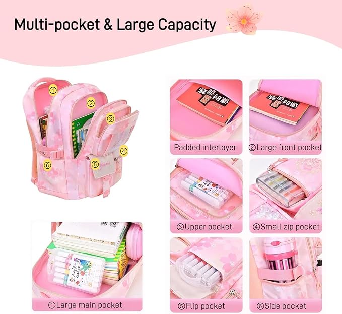Kids Backpack School Bags for Girls, Cute Princess Backpack Multi-pocket Elementary School Students Bookbag for Girls, Purple