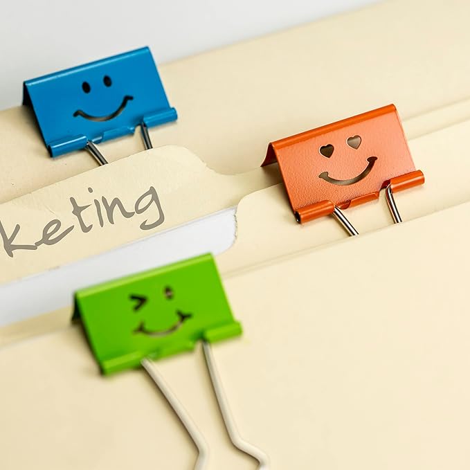 Officemate Smiling Face Binder Clips, Medium, Assorted Colors 36 Pcs, Paper Clamps for Office,Teacher Gifts, School and Home (31095)