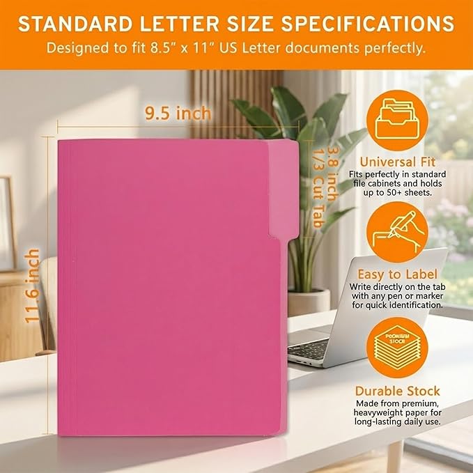 100 Packs File Folder,1/3-Cut Tabs,File Folders Letter Size,8.5x11 Pink File Folders for Office,School and Home,Organizer Documents