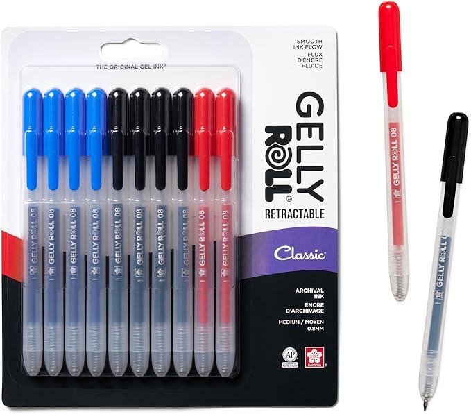 SAKURA Gelly Roll Retractable Gel Pens Colored - Classic Color Set - Medium Point Ink Pen for Journaling, Art, or Drawing - With Black, Blue & Red Ink - 10 Pack