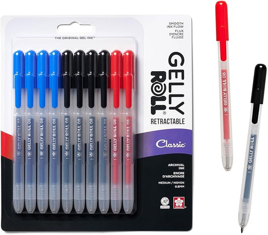 SAKURA Gelly Roll Retractable Gel Pens Colored - Classic Color Set - Medium Point Ink Pen for Journaling, Art, or Drawing - With Black, Blue & Red Ink - 10 Pack