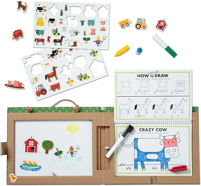 Melissa & Doug Natural Play: Play, Draw, Create Farm, Drawing Activity Set & Magnet Kit - Reusable Mess-Free Travel Activity Toy for Ages 3+(45 Magnets, 5 Dry-Erase Markers) - FSC Certified